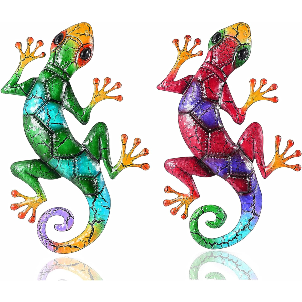 2-pack metall gecko väggdekor, gecko konst skulpturer stor ödla Trädgårdskonst hängande utomhusdekorationer