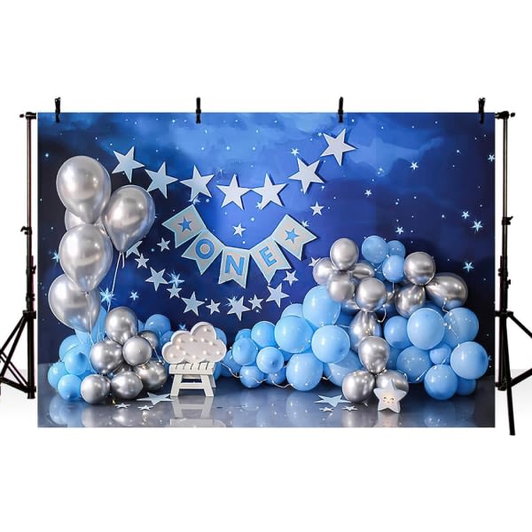 Blue Sky Twinkling Stars Ballonger Pojkar 1:a födelsedagsfest Ett år gammal tårta Smash Dekor Bakgrund för hemmafest Banner Fotostudio, 7x5ft