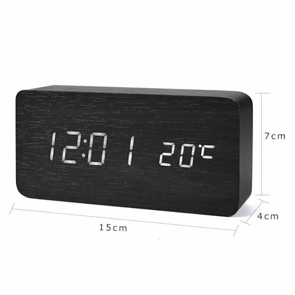 Elegant Vækkeur i Trædesign: LED, 3 Alarmer, Temp Display Sort
