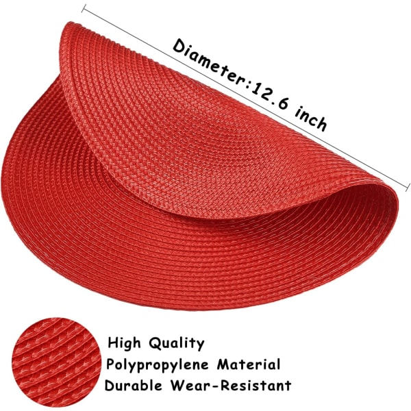 Plastunderlägg, flätad rund bordstablett set om 6, polypropen, tvättbar, värmebeständig, för kök, matbord, fester, bröllop (blank röd)