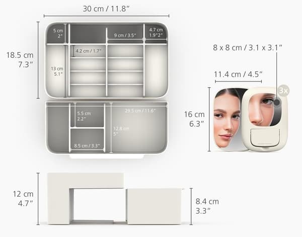 Makeup-organizer med skuffe - spejl - creme - muslingedesign