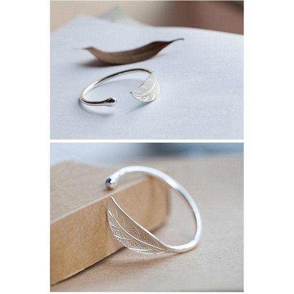 925 Sterling Silver Kvinna Manschett Armband Öppet Löv Format Justerbar Charm Bangle zdq