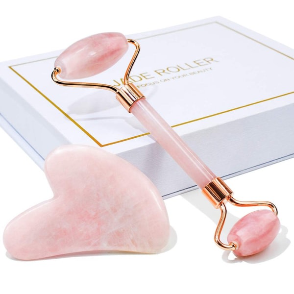 Gua Sha ja kasvojen rulla hierova kauneusväline, Jade Roller Rose Quartz