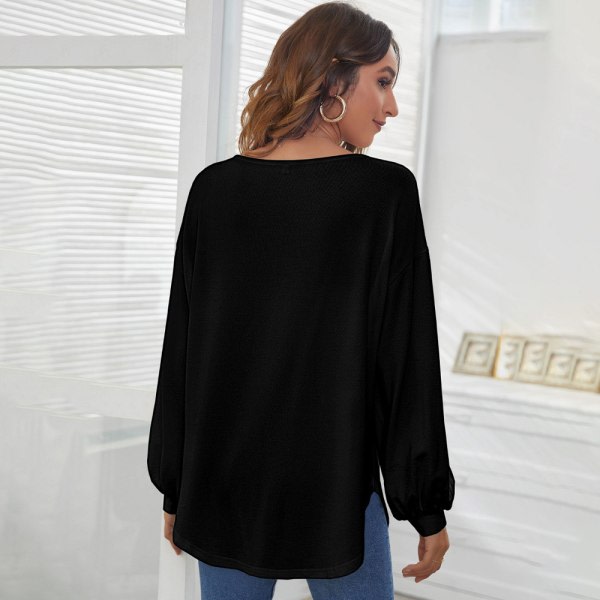 Kvinnor Fall Långärmad Loose Fit Casual Pullover T-skjorter -svart M CDQ