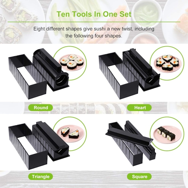 Sushi-sæt til begyndere 10 dele Plast Sushi Maker Værktøj Komplet med 8 Sushi Ris Rulleforme Former Gaffel Spatel DIY Hjem Sushi Værktøj