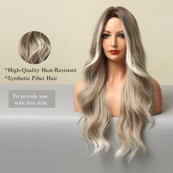 24 tum lång vågig blandad silvergrå syntetiskt hår peruker