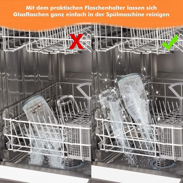 Diskmaskin flaskhållare set om 6, 304 rostfritt stål repfritt flaskställ med gummikåpor för Soda Stream och glasflaskor