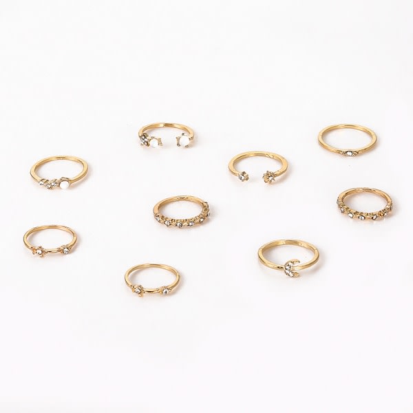 Eurooppalainen ja amerikkalainen Starburst ja Crescent Moon Ring Set 9 hopeaa Silver