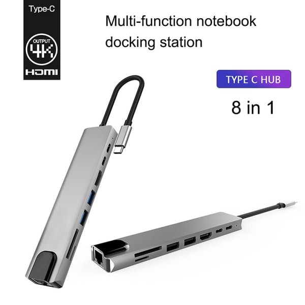 H?jkvalitets 8-i-1 Type-C-expansionsdocka USB 3.0 PD Multifunct Grå A2