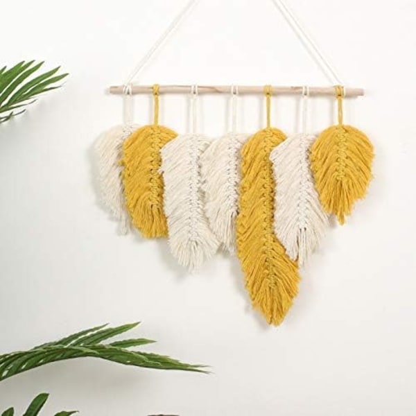 Handgjord Makramé Väggdekoration Fjäder Boho Väggdekor Gul Chic Vävd Löv Tofsar Dekoration Bomull Ornament Gobeläng