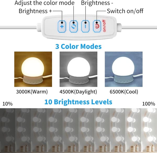LED-belysning, 14 dæmpbare lamper, Hollywood-stil, spejlbelysningsstickers