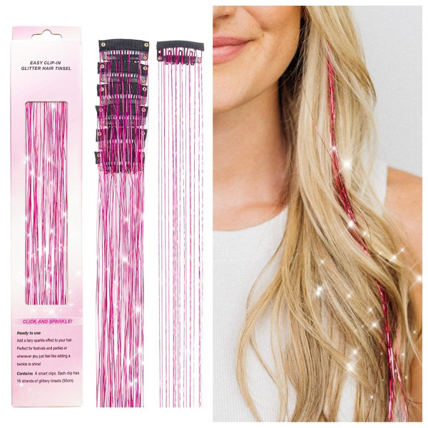 Clip in Hair Tinsel Kit, pakke med 6 st Glitter Fairy Tinsel Hair Extensions 21 tums glänsande hår Tinsel Värmebeständigt (Rose Red)