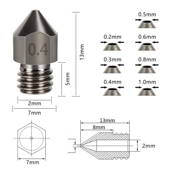 5 st Härdat stål 3D-skrivarmunstycke MK8 extrudermunstycken Alla