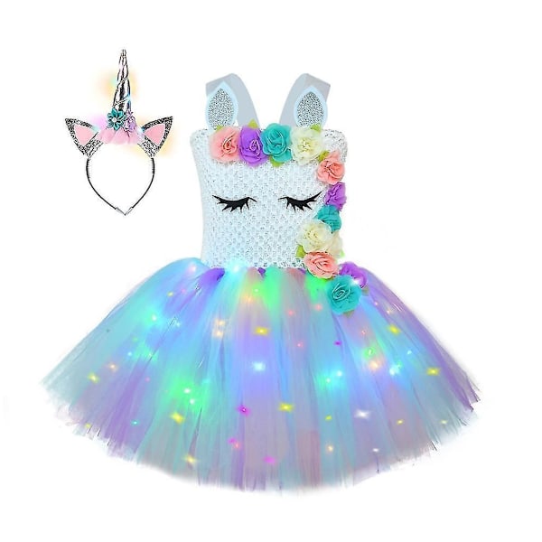 Princess Tutu LED Enhjørningekjole med 12 stk. Blomster Lysende Kostumer Hvid White S(1-2T)