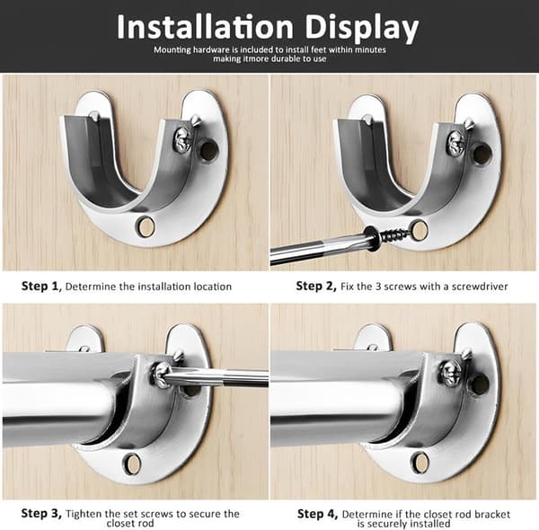 Gardinstångsfästen i rostfritt stål, U-formade 3-håls väggfästen för garderobs- och klädstänger, silver, 32 mm, 2-pack
