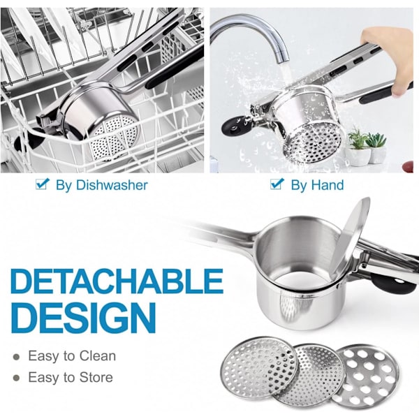Stainless Steel Potato Press - Potato Masher - Includes 3 Discs with Different Textures - Can be Hung - Makes Potatoes