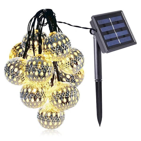 Marokkanske solcellelyslenker, 20 LED 5M vanntette metallkulelys med 8 moduser for hage, uteplass, festdekor, gull