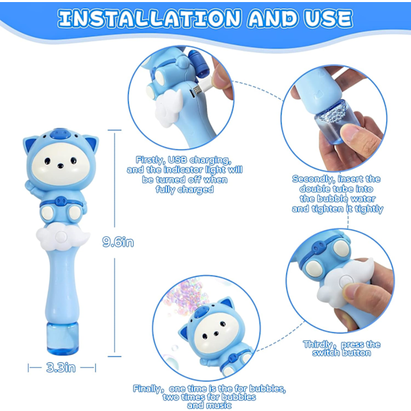 Automatisk bubbelpistol för barn 3-5 år, ljus och musik, bubbelmaskin, elektrisk bubbelmaskin, bubbelleksaker för småbarn (Blå)