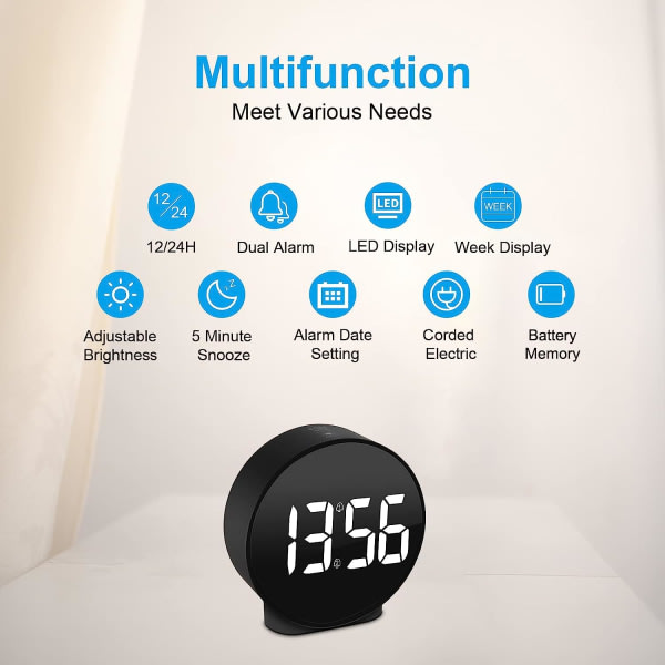 Liten digital vekkerklokke LED-skrivebord Reise Elektronisk klokke Dobbel alarm Snooze Dimmer Sett 12/24H Uke Display 4 tommer