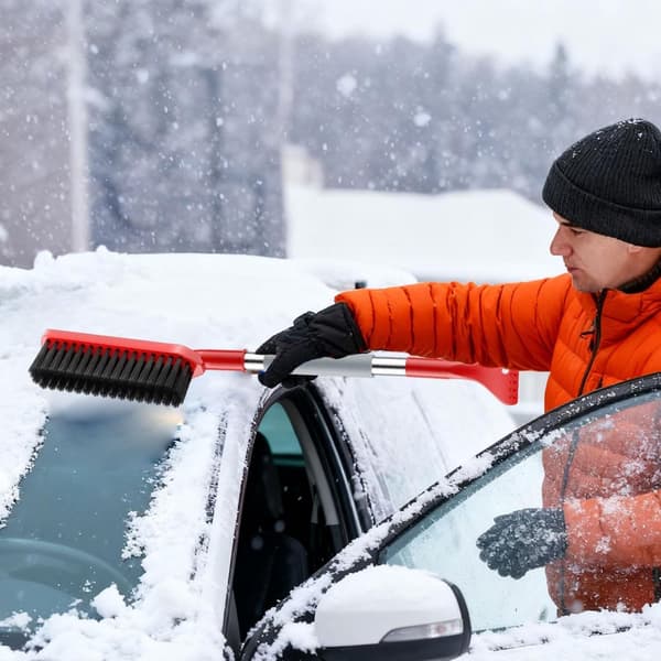 Ice scraper/snow brush with long handle - 62 cm - Red plastic - Detachable - With ice spade & window scraper - Winter accessory for car
