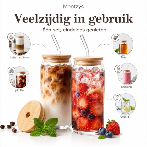 Montzys Glasmuggar med bambulock och sugrör, 473 ml (16oz) set om 2 för iskaffe, te och cocktails