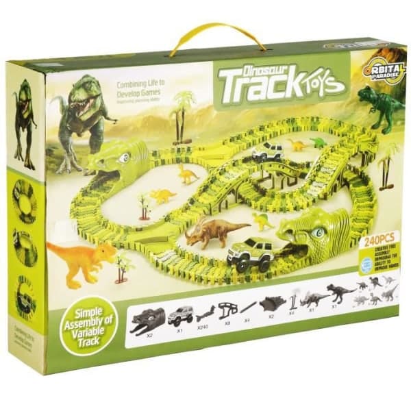 Dinosaurus leksaksbilssats för barn - SPRINGOS - 240 delar - Flexibel racerbana - Presentförpackning