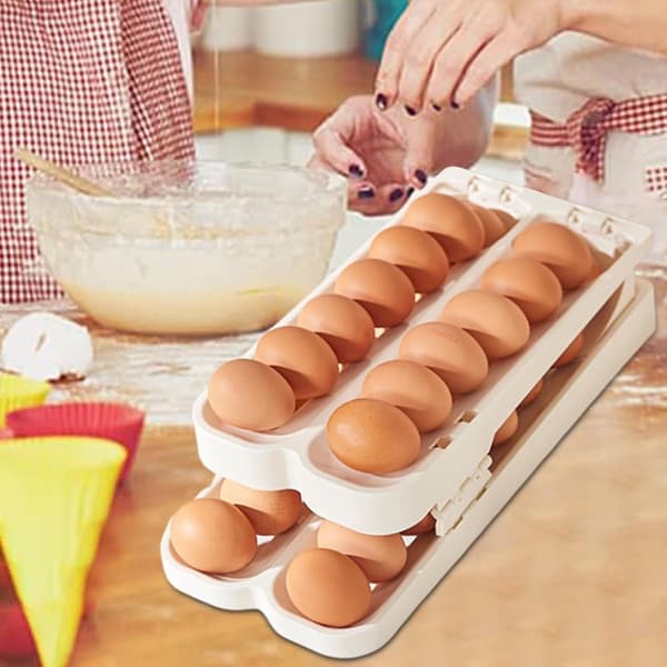 Eggstativ - Eggholder - Eggrull - Eggboks - 2 etasjer - Eggoppbevaring - Eggkurv - Eggorganisator - Automatisk rull...