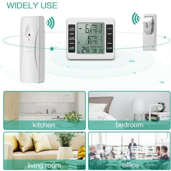Kyl- och frystermometer, Trådlös kyltermometer med 2 sensorer, Ljudlarm, Min/Max, Inomhus/Utomhus-termometer för hemmet