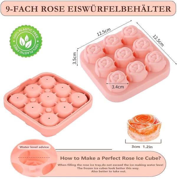 Silikon Rose Isbitform, BPA-fri 9-hulls 3D-form med lokk for cocktailer, drinker og desserter, rosa