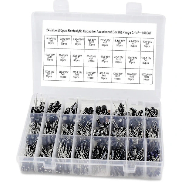 Assortment Box with 24 Values 500pcs Electrolytic Capacitors, Range 0.1uf 1000uf