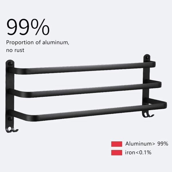 Vægmonteret håndklædeholder i aluminium - 3 lag - vandtæt - sort - 30 cm - til badeværelse, køkken, badeværelse - 30 cm