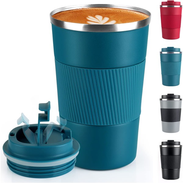 Kaffemugg 12oz - Isolerad kafferesemugg Spilsäker med läckagesäkert lock Vakuum termos kaffetumlare i rostfritt stål