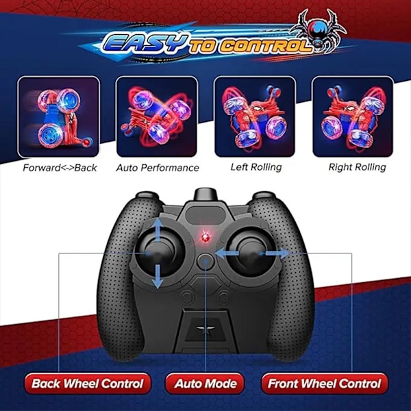 Spiderman RC-bil RC-leker, oppladbar stunt RC-bil med 360 graders flip, firehjulsdrift og hjulbelysning Spider-Man remote control color box