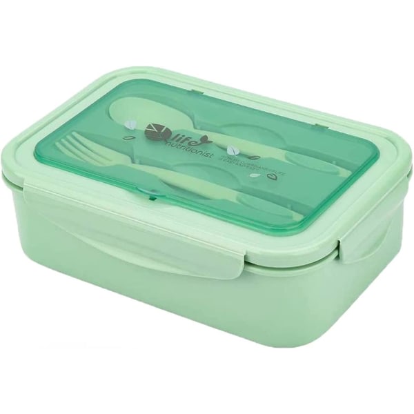 Bento Box, lounaslaatikko, lufttät, 3 fack, sked och gaffel, läckagetät, miljöskydd (grön)