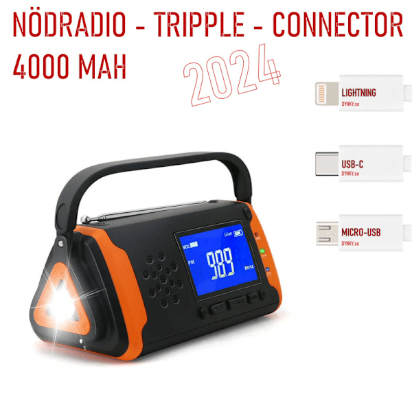 Nødradio Delux 4000mAh Powerbank Dynamo VevRadio Solcelle 3-USB