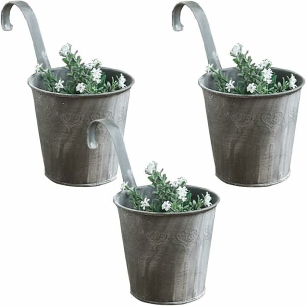 Set med 3 hängande metallplanteringskärl i järn med plåtkrokar, vas för balkong och trädgård, hängande blomkruka
