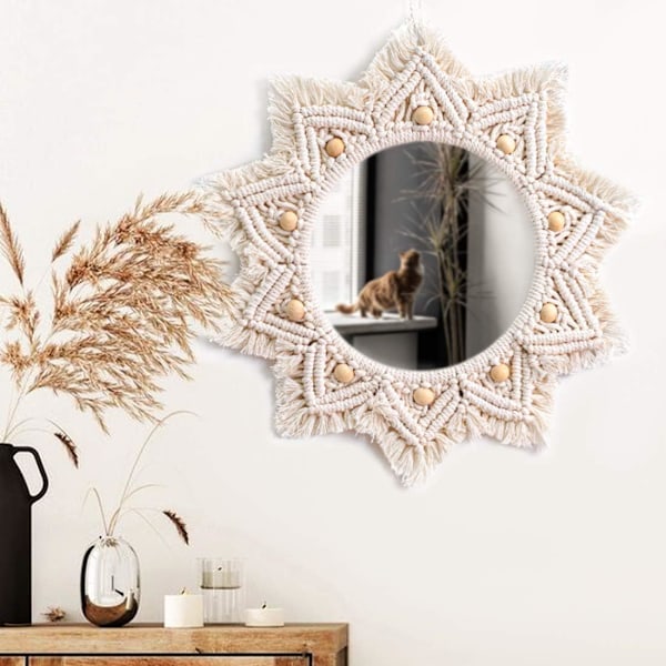 Boho veggdekor speil Makrame sirkel hengende speil for soverom stue leilighet entré hjeminnredning