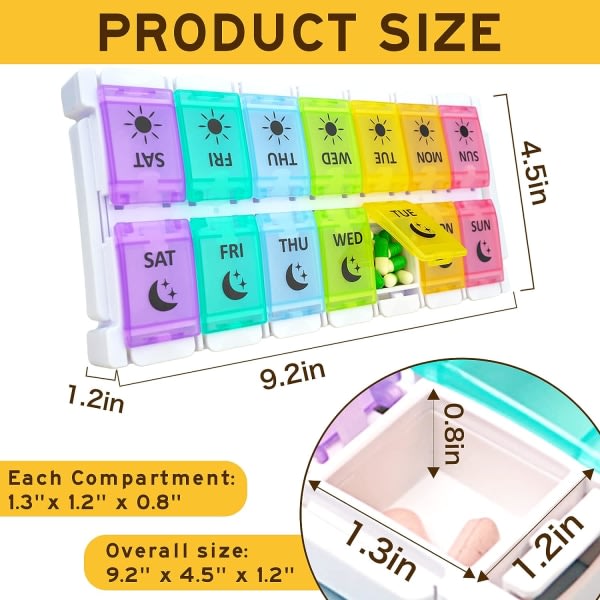 Pillerorganisatör 2 gånger om dagen, Dag Natt Pillerfodral, Pillerask 7 dagar, Enkel påfyllning & tryckknappsdesign