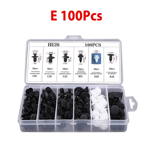 Auto Fastener Clip Blandet Bilkarosseri Push Retainer Pin Rivet Kofanger Dørbeklædning Panel Fastener Kit Bil Clips Box eller Pose emballage E 100Pcs