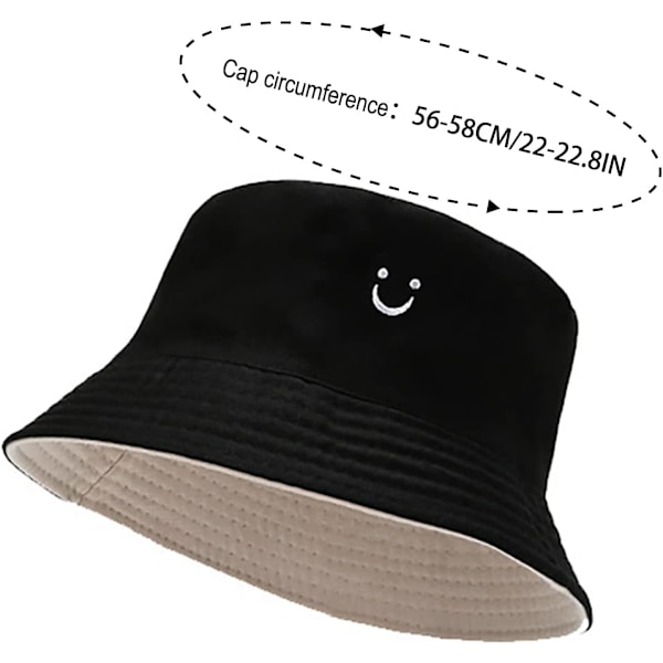 Söt bucket hat strandfiskarhattar för kvinnor, vändbar dubbelsidig användning Smiley Black Beige