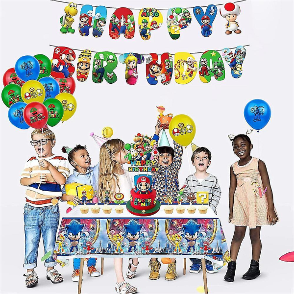 Super Mario Grattis på födelsedagen Party Dekoration Ballonger Kit Bunting Banner Cake Cupcake Toppers Sæt