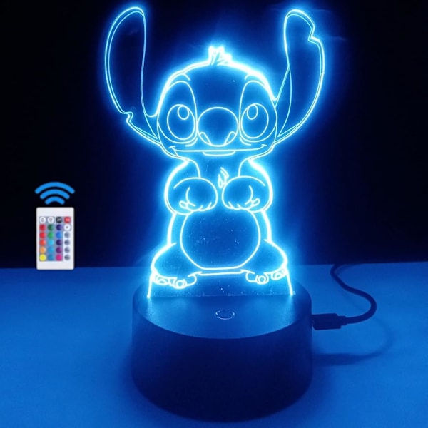 3D Nattlampa Barnsänglampa LED Optisk Illusion med Stich Figure Present för barn (16 stygnfärger)（YSJ)