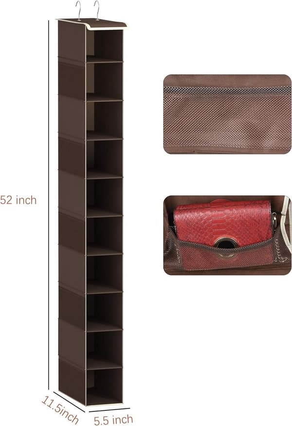 Hängande garderobsorganisatör, brun, 10 hyllplan, förvarar kläder, skor och accessoarer