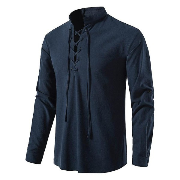 2036 Nya Casual Skjorte for Menn Bomull Lin Skjorte Topper Langærmet T-skjorte Høst Sned Placket Vintage Navy L zdq