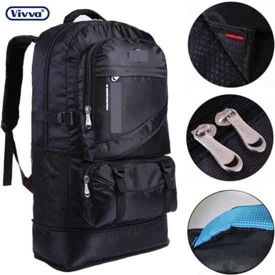 Vivva TREKKO 60L Vandtæt Vandrerygsæk, Holdbar Polyester Rejsedagsæk med Skorum til Camping Trekking, Sort