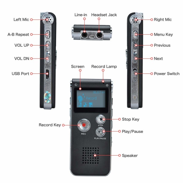 Bærbar digital stemmeopptaker Lydlydopptaker Diktafon LCD-opptaker MP3-spiller-8GB (svart)