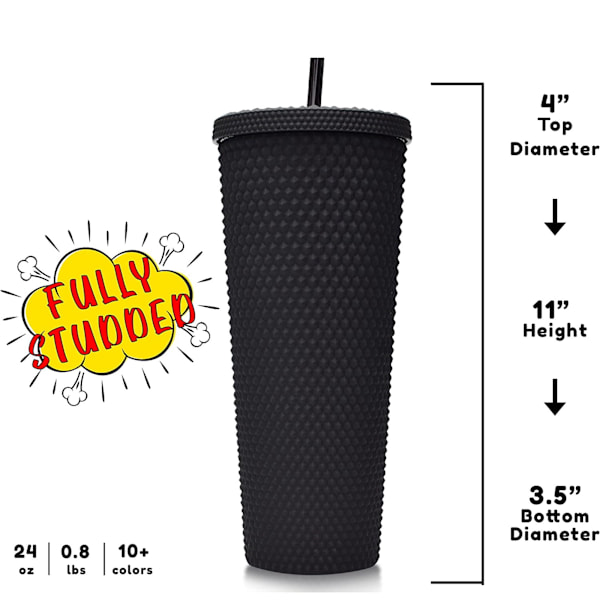 24oz Svart Studded Tumbler med sugerør & lokk, gjenbrukbar BPA-fri iskaffebeger