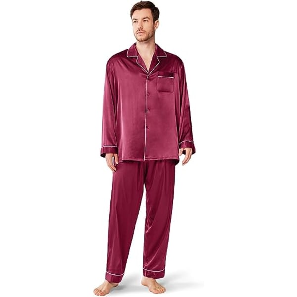 CDQ Pyjamas set i siden satin för män, långärmad PJ set med knappar och sovkläder i fickor vinröd xxl