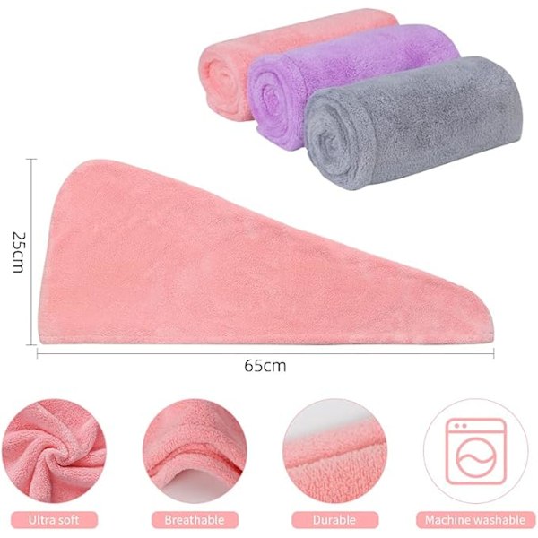 (Rosa, Blå, Grå) Hårhåndklæde, 3 stk. hårtørringshåndklæder, superabsorberende mikrofiber hårhåndklæde turban med knapdesign tørrer hurtigt hår til kvinder