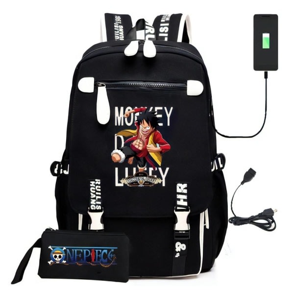 One Piece ryggsäck barn ryggsäck ryggsæk med USB udtag 1st sort